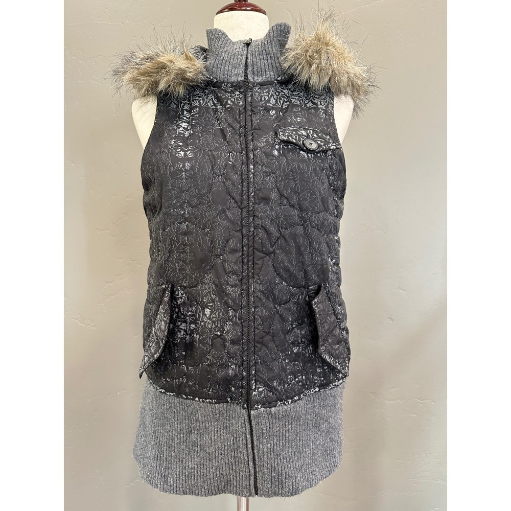 Empyre Reversible Quilted Hooded Vest Large Lambswool Grey Faux Fur Trim Boho - Picture 3 of 16